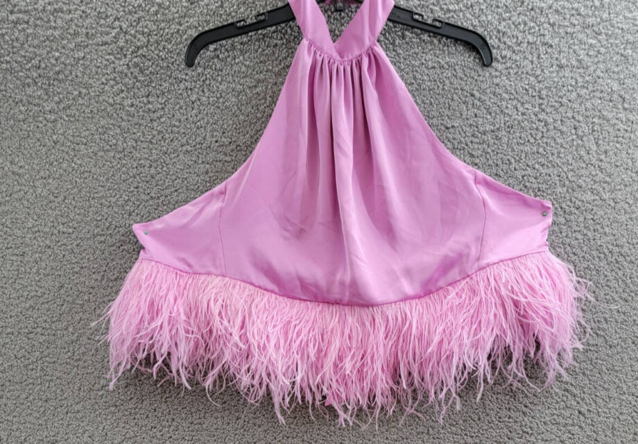 Ramy Brook Faux Feather Trim Halter Top Women's S Pink Rose Tie Hook & Eye Back