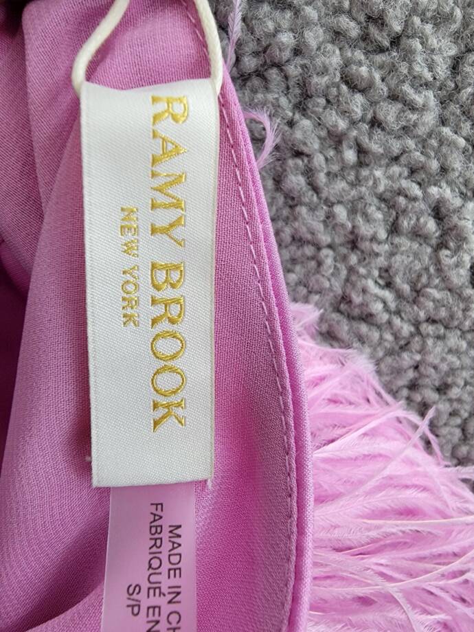 Ramy Brook Faux Feather Trim Halter Top Women's S Pink Rose Tie Hook & Eye Back