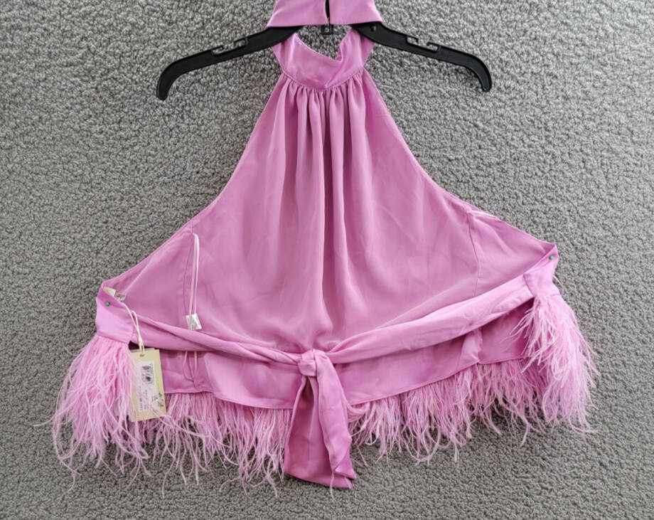 Ramy Brook Faux Feather Trim Halter Top Women's S Pink Rose Tie Hook & Eye Back