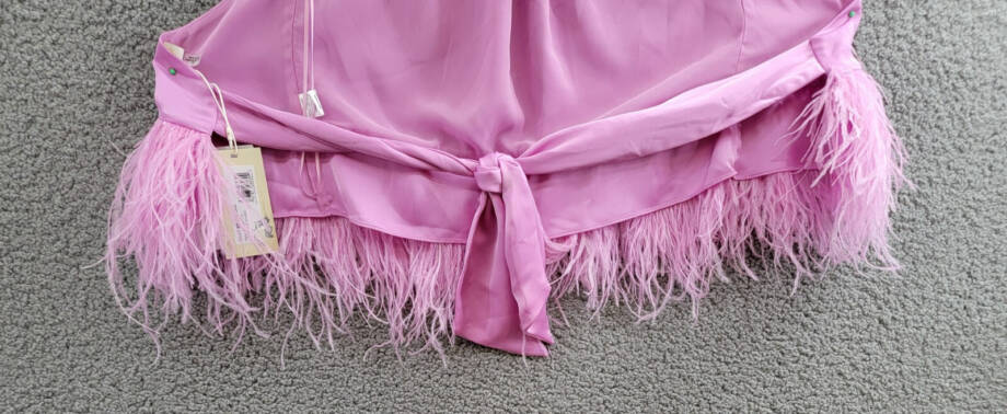 Ramy Brook Faux Feather Trim Halter Top Women's S Pink Rose Tie Hook & Eye Back