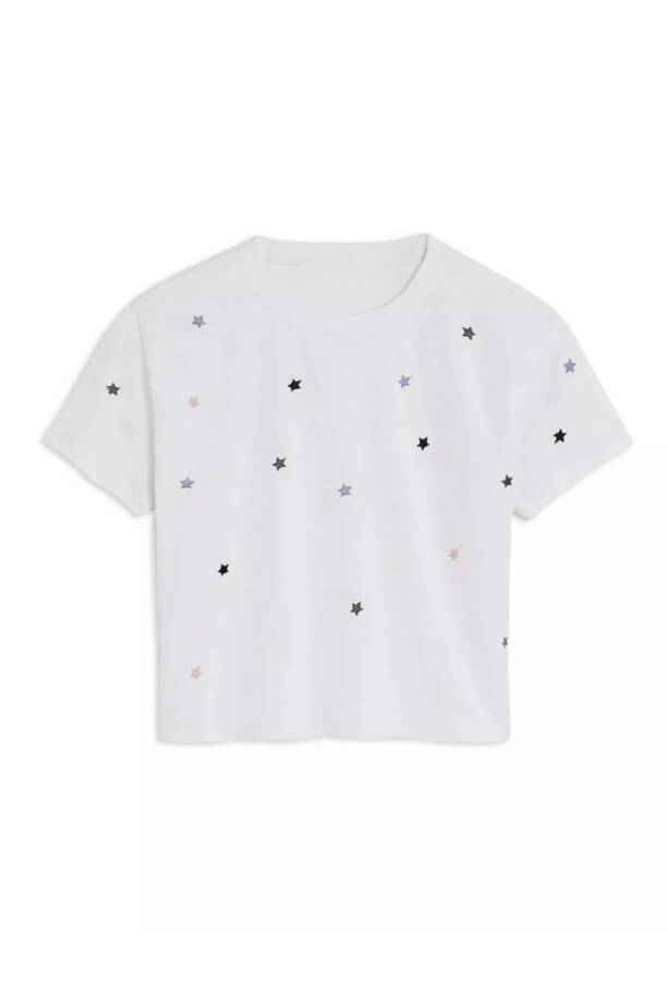KatieJnyc Fearless Cropped Embroidered Stars Tee Girl XL White Crewneck Pullover