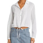 Bella Dahl Pintuck Crop Button Up Shirt Women's M White Solid Drawstring Hem L/S