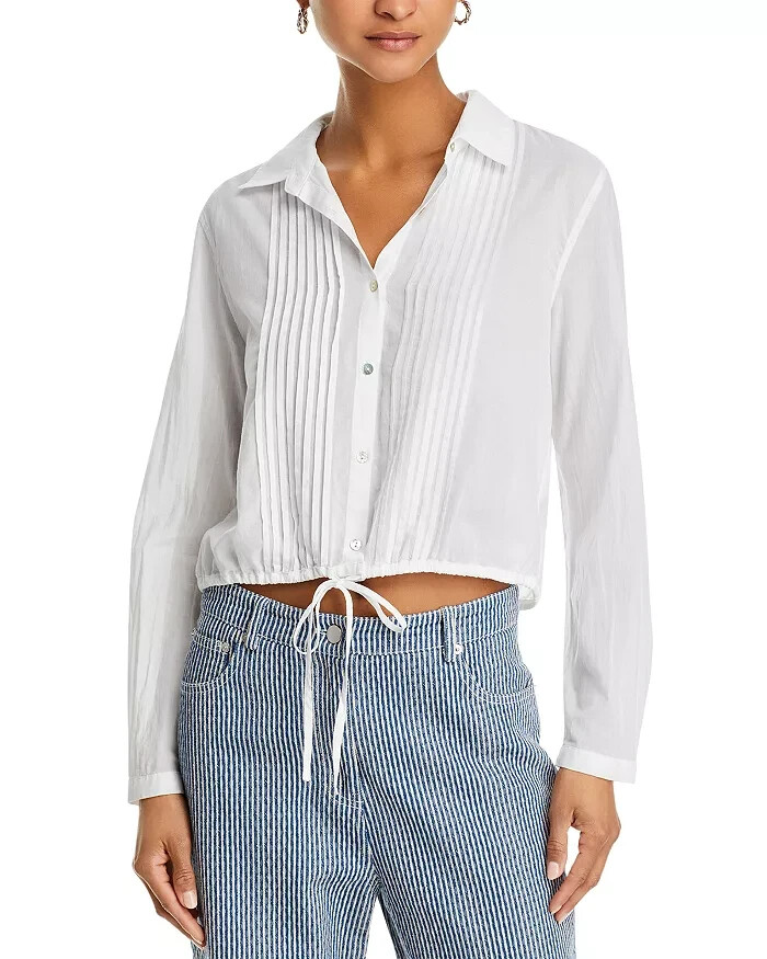 Bella Dahl Pintuck Crop Button Up Shirt Women's M White Solid Drawstring Hem L/S