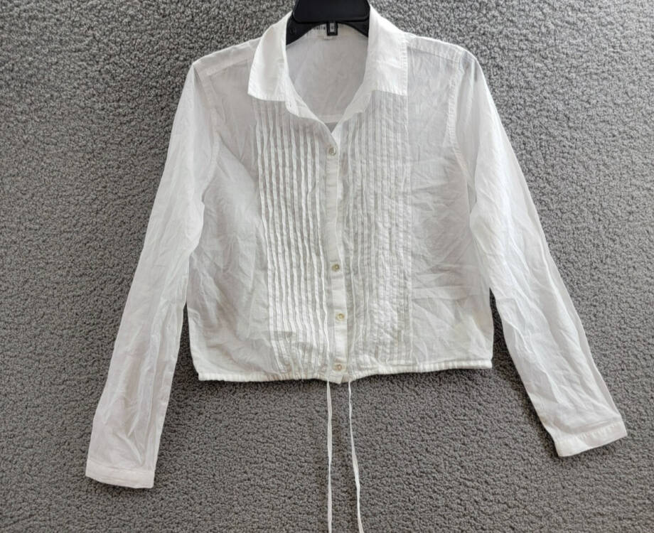Bella Dahl Pintuck Crop Button Up Shirt Women's M White Solid Drawstring Hem L/S