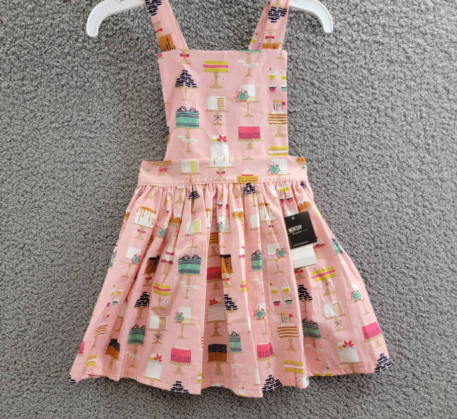 Worthy Threads Cakes Print Pinafore Dress Girl 6Y Pink Multi Sleeveless Pullover