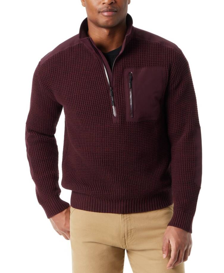 BASS OUTDOOR Quarter-Zip Long Sleeve Pullover Patch Sweater Men's S Fudge Ribbed