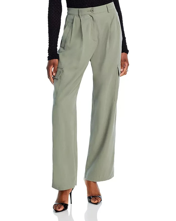 AQUA Pleated Cargo Pants Women's XL Basil Solid Side Pockets Button Zip Closure
