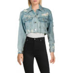 Madonna & Co. Distressed Crop Denim Jacket Women's O/S Blue Button Front L/S