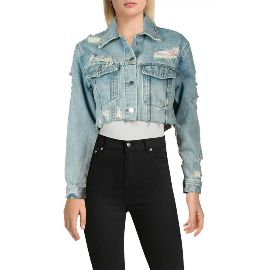 Madonna & Co. Distressed Crop Denim Jacket Women's O/S Blue Button Front L/S
