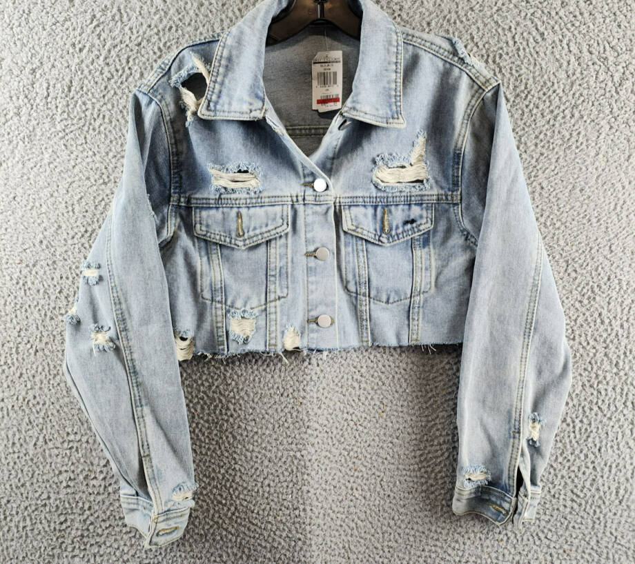 Madonna & Co. Distressed Crop Denim Jacket Women's O/S Blue Button Front L/S