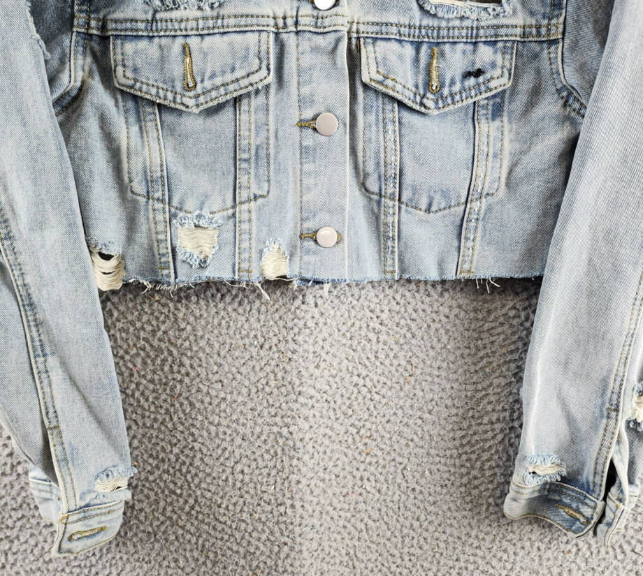 Madonna & Co. Distressed Crop Denim Jacket Women's O/S Blue Button Front L/S