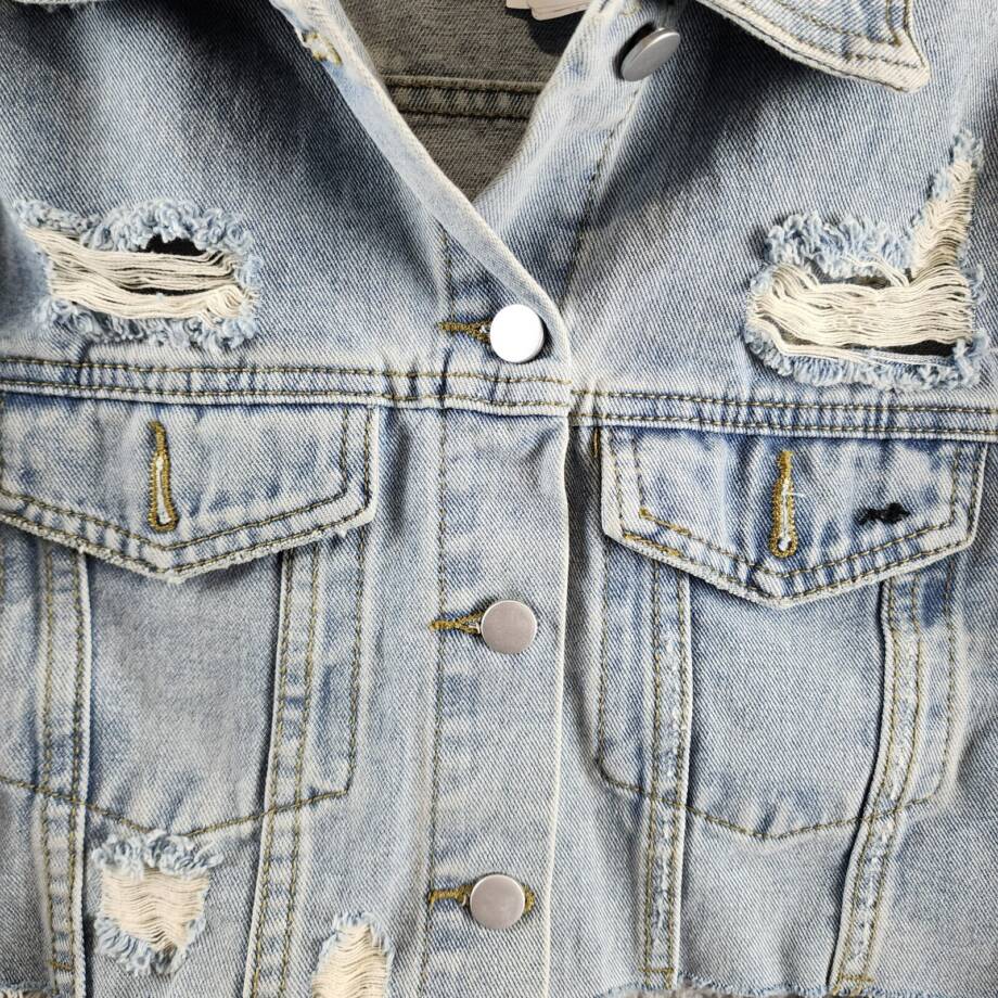 Madonna & Co. Distressed Crop Denim Jacket Women's O/S Blue Button Front L/S
