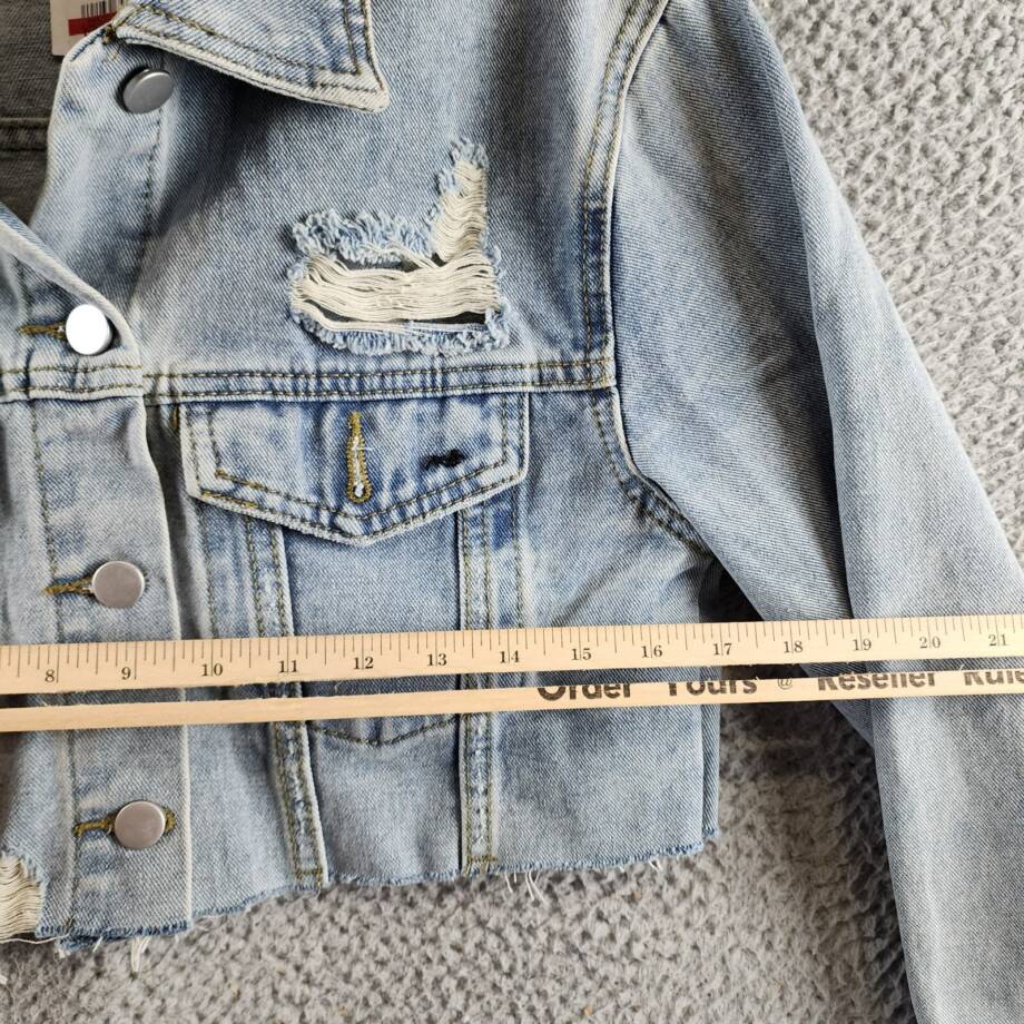 Madonna & Co. Distressed Crop Denim Jacket Women's O/S Blue Button Front L/S