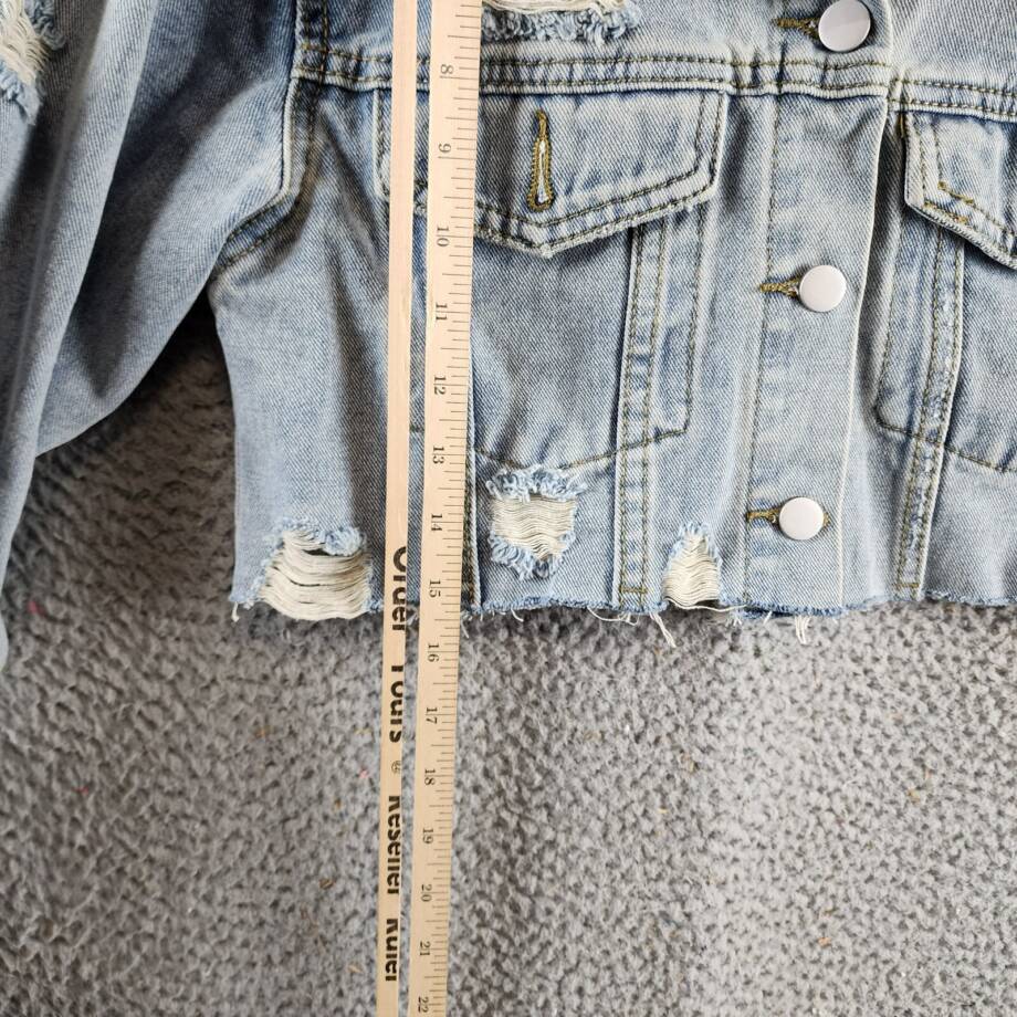 Madonna & Co. Distressed Crop Denim Jacket Women's O/S Blue Button Front L/S