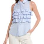 Gracia Sleeveless Ruffle Front Top Women's L Light Blue Collared Button Closure