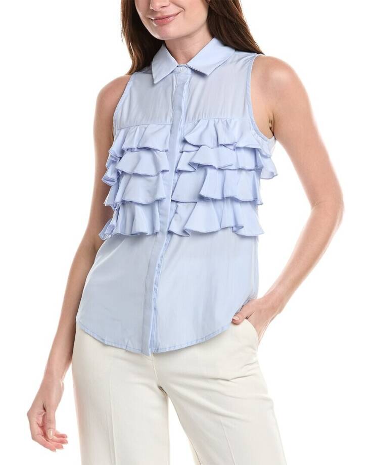 Gracia Sleeveless Ruffle Front Top Women's L Light Blue Collared Button Closure