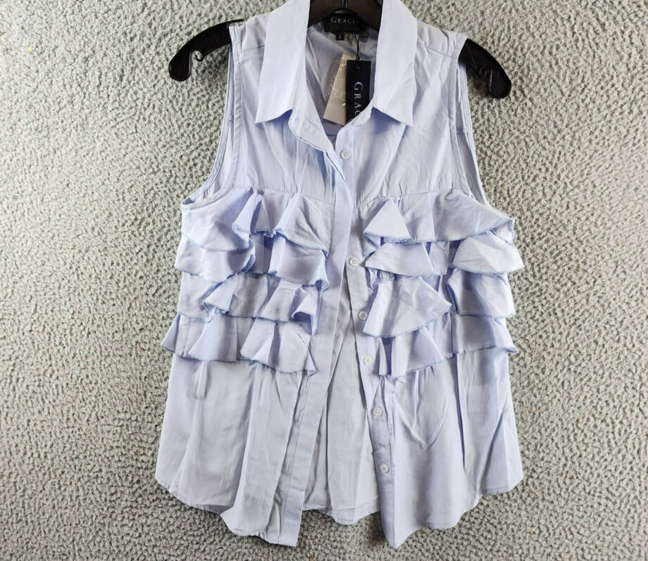 Gracia Sleeveless Ruffle Front Top Women's L Light Blue Collared Button Closure