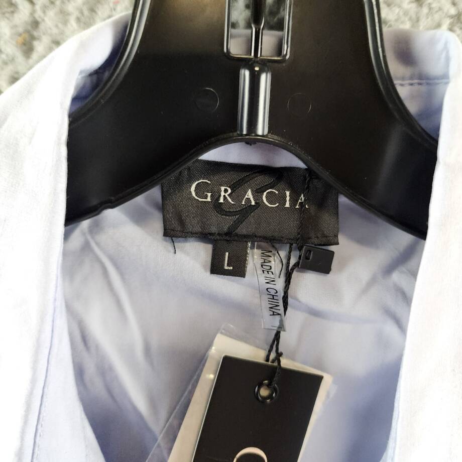 Gracia Sleeveless Ruffle Front Top Women's L Light Blue Collared Button Closure