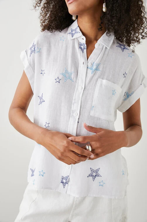 Rails Stitched Stars Whitney Linen Blend Button-Front Shirt Women's XL White S/S