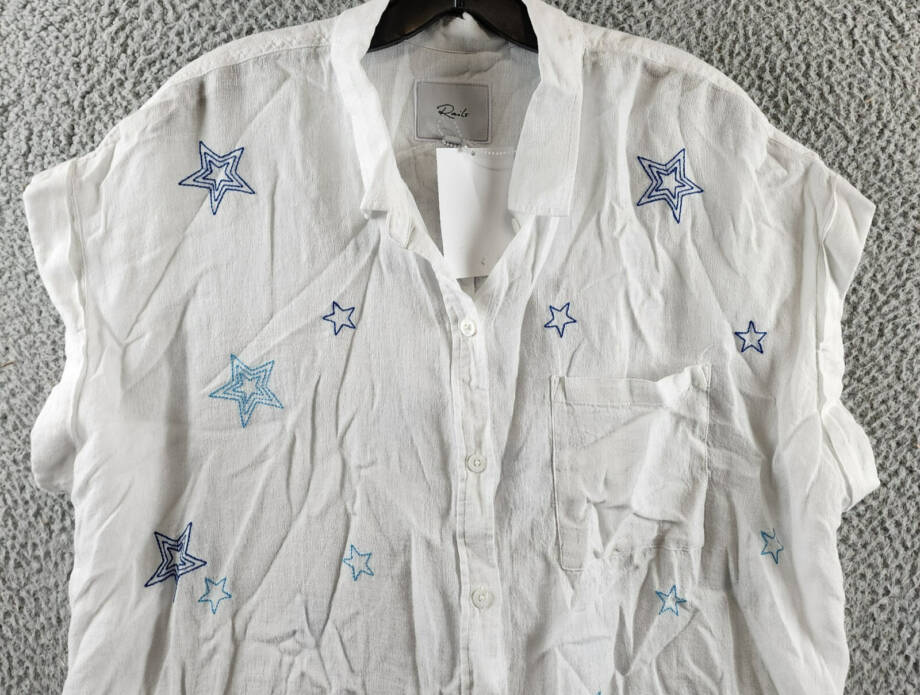 Rails Stitched Stars Whitney Linen Blend Button-Front Shirt Women's XL White S/S