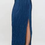 Renee C. Plisse Side Slit Maxi Skirt Women's L Dark Blue Elastic Waist Pull On