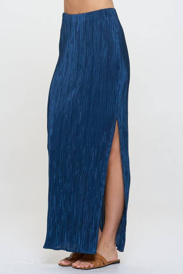 Renee C. Plisse Side Slit Maxi Skirt Women's L Dark Blue Elastic Waist Pull On