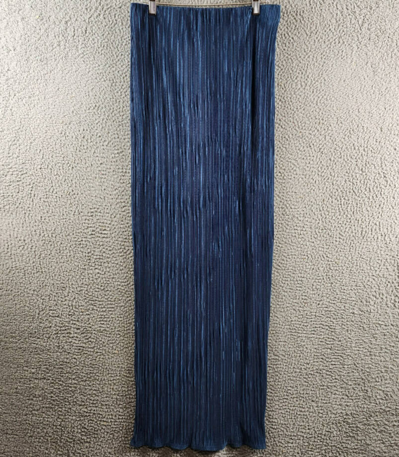 Renee C. Plisse Side Slit Maxi Skirt Women's L Dark Blue Elastic Waist Pull On