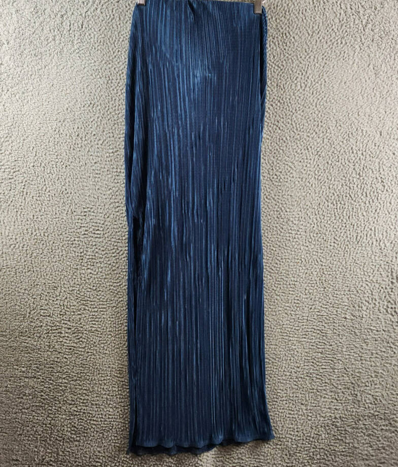 Renee C. Plisse Side Slit Maxi Skirt Women's L Dark Blue Elastic Waist Pull On