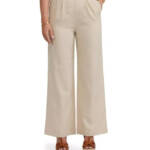 Ellen Tracy Linen Blend Pleated Wide Leg Pants Women's L Beige Pockets Pull On