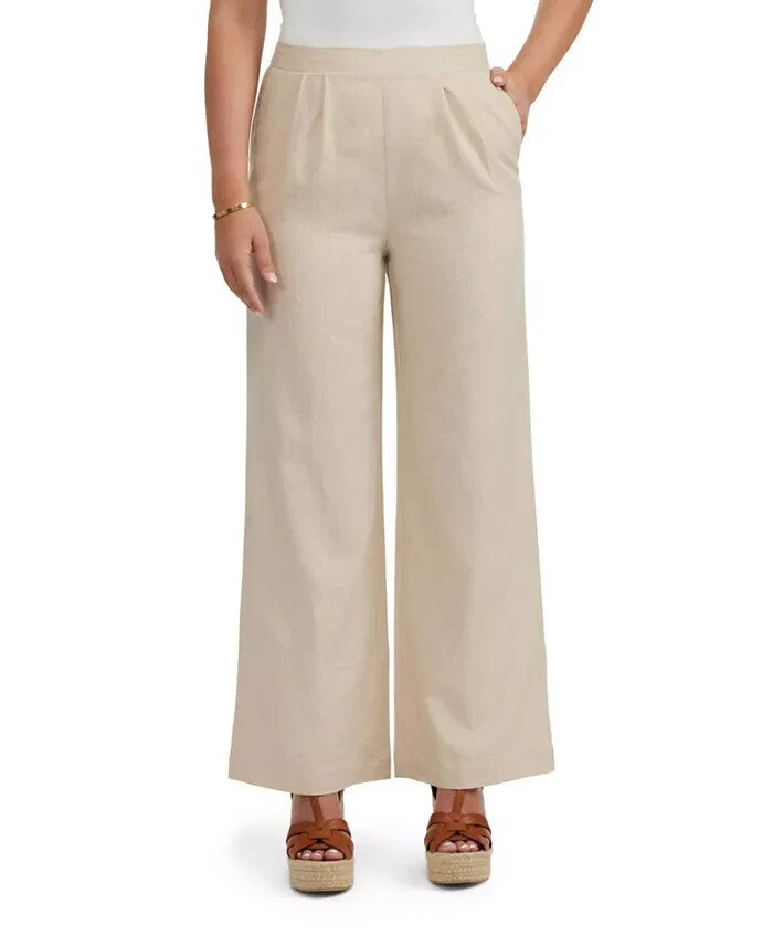 Ellen Tracy Linen Blend Pleated Wide Leg Pants Women's L Beige Pockets Pull On