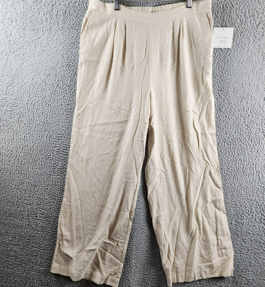 Ellen Tracy Linen Blend Pleated Wide Leg Pants Women's L Beige Pockets Pull On