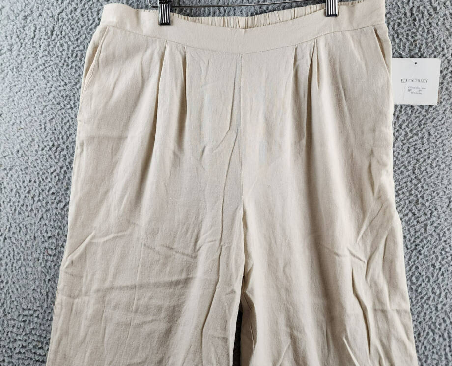 Ellen Tracy Linen Blend Pleated Wide Leg Pants Women's L Beige Pockets Pull On