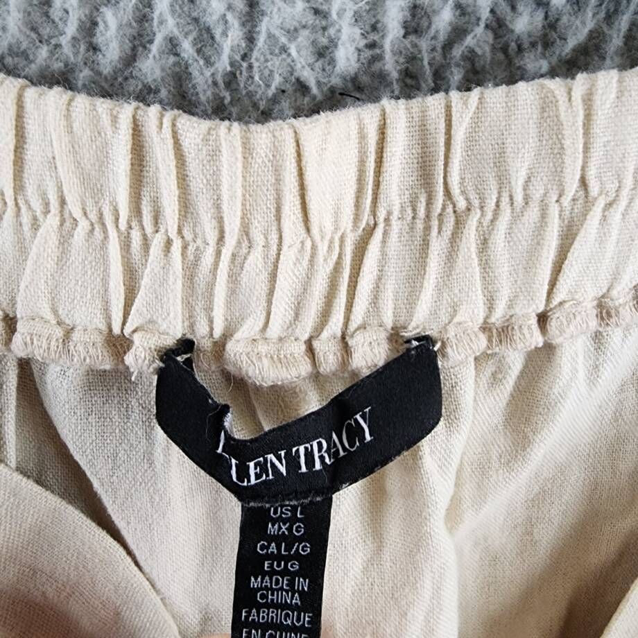 Ellen Tracy Linen Blend Pleated Wide Leg Pants Women's L Beige Pockets Pull On