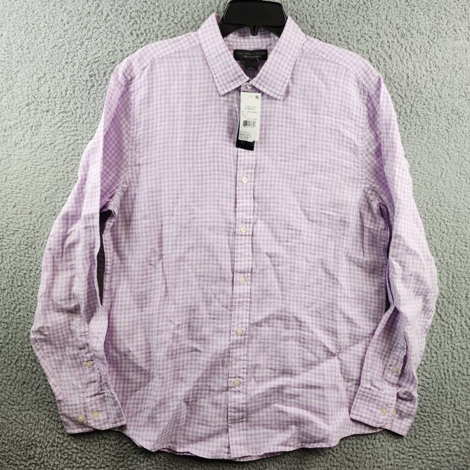The Men's Store at Bloomingdale's Regular Fit Gingham Linen Shirt Men's L Orchid