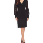 Karen Kane V-Neck Balloon Lace Sleeve Sheath Dress Women's S Black Zip Closure