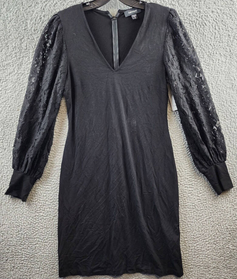 Karen Kane V-Neck Balloon Lace Sleeve Sheath Dress Women's S Black Zip Closure