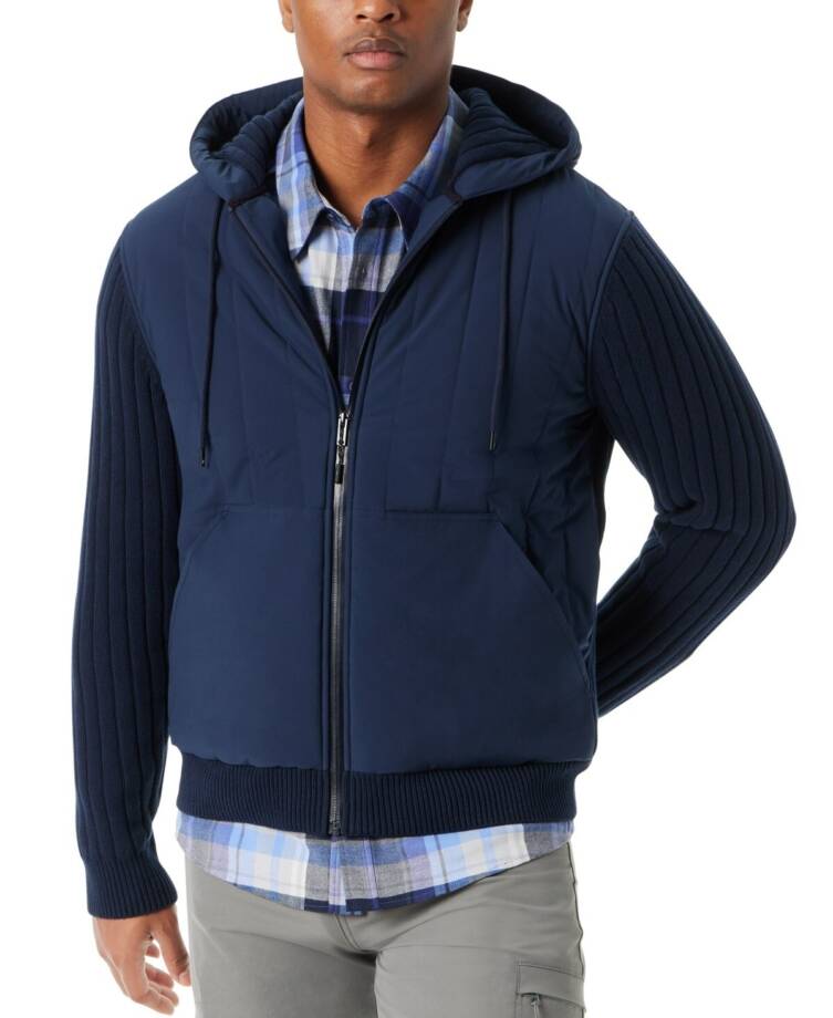 BASS OUTDOOR Mixed Media Zip-Front Hooded Sweater Jacket Men's L Navy Blaze L/S