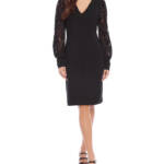 Karen Kane Lace Sleeve Dress Women's S Black Solid V-Neck Back Zip Closure