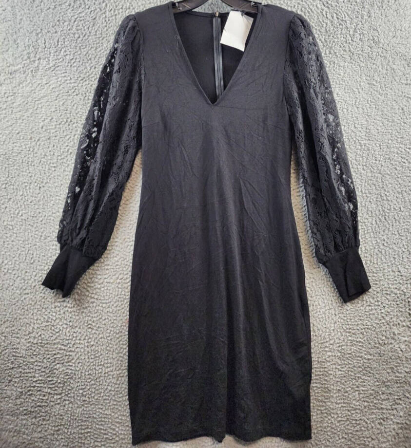 Karen Kane Lace Sleeve Dress Women's S Black Solid V-Neck Back Zip Closure