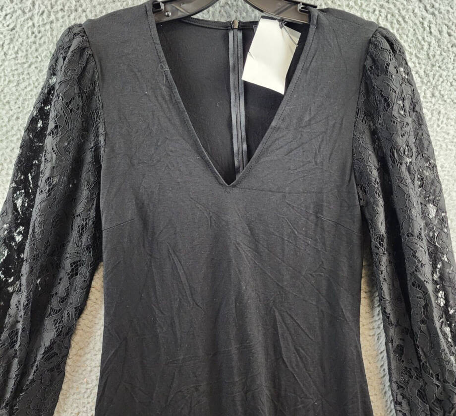 Karen Kane Lace Sleeve Dress Women's S Black Solid V-Neck Back Zip Closure