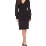 Karen Kane Lace Sleeve Dress Women's M Black V-Neck Long Sleeve Back Zip Closure