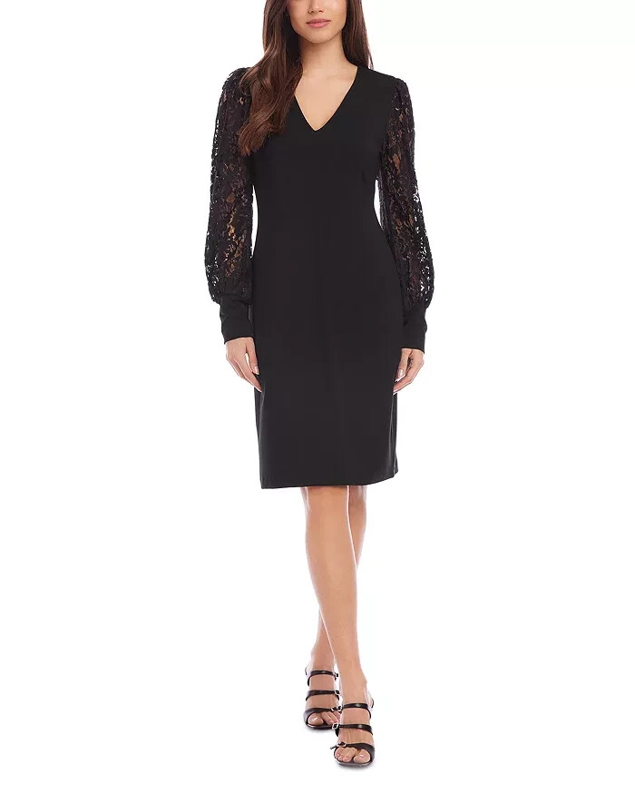Karen Kane Lace Sleeve Dress Women's M Black V-Neck Long Sleeve Back Zip Closure
