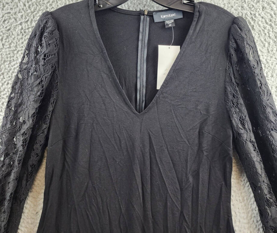 Karen Kane Lace Sleeve Dress Women's M Black V-Neck Long Sleeve Back Zip Closure