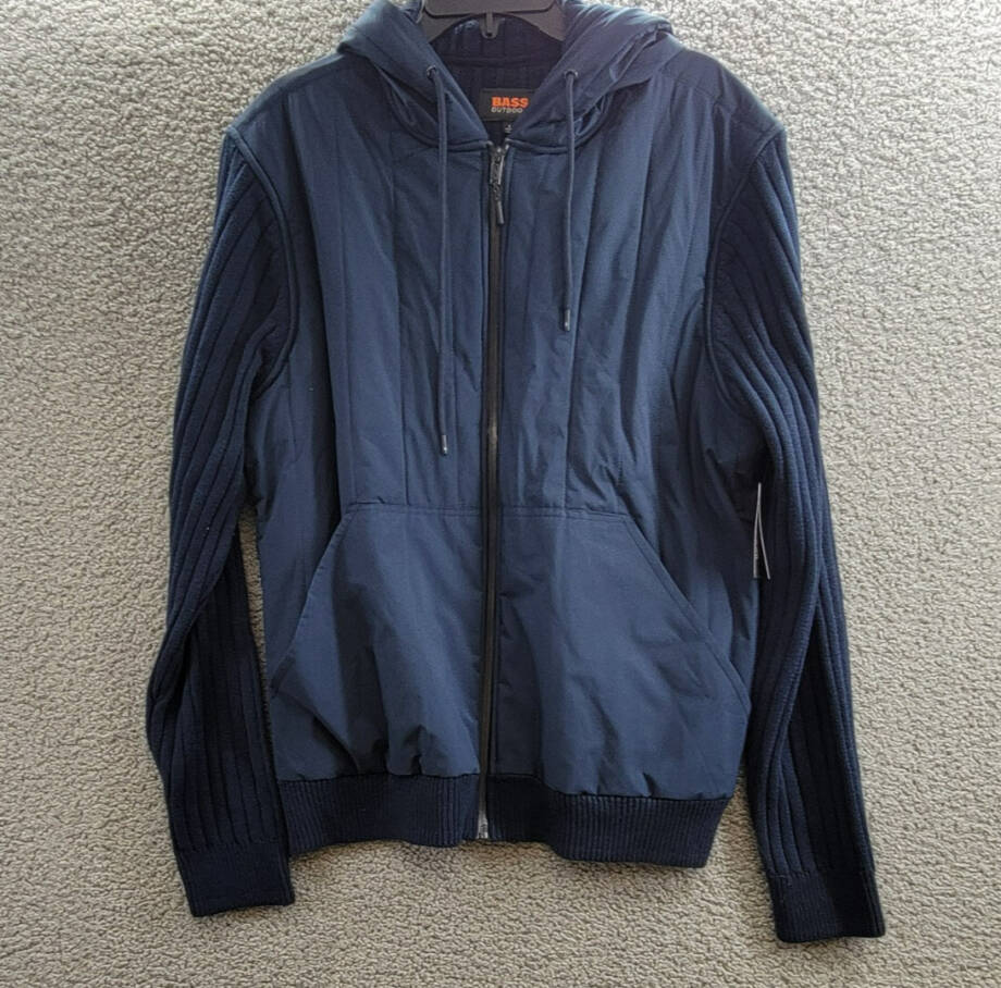 BASS OUTDOOR Mixed Media Zip-Front Hooded Sweater Jacket Men's L Navy Blaze L/S