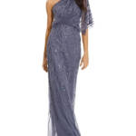Adrianna Papell One Shoulder Beaded Dress Women's 6 Dusty Blue Side Zip Closure
