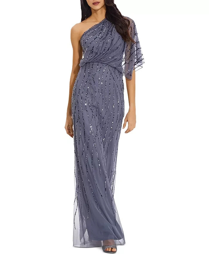 Adrianna Papell One Shoulder Beaded Dress Women's 6 Dusty Blue Side Zip Closure