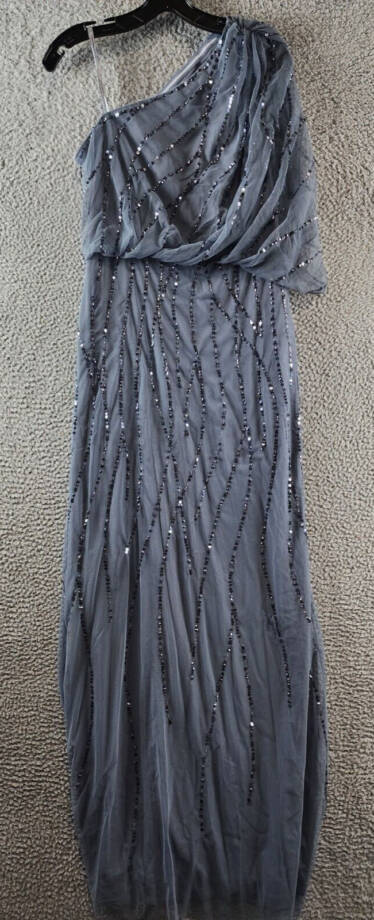 Adrianna Papell One Shoulder Beaded Dress Women's 6 Dusty Blue Side Zip Closure