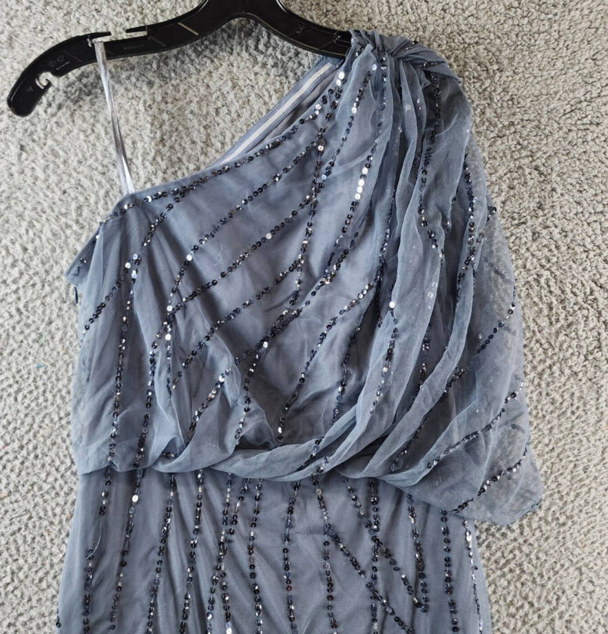 Adrianna Papell One Shoulder Beaded Dress Women's 6 Dusty Blue Side Zip Closure