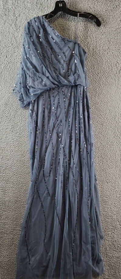 Adrianna Papell One Shoulder Beaded Dress Women's 6 Dusty Blue Side Zip Closure