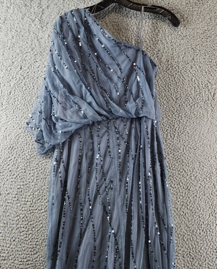 Adrianna Papell One Shoulder Beaded Dress Women's 6 Dusty Blue Side Zip Closure